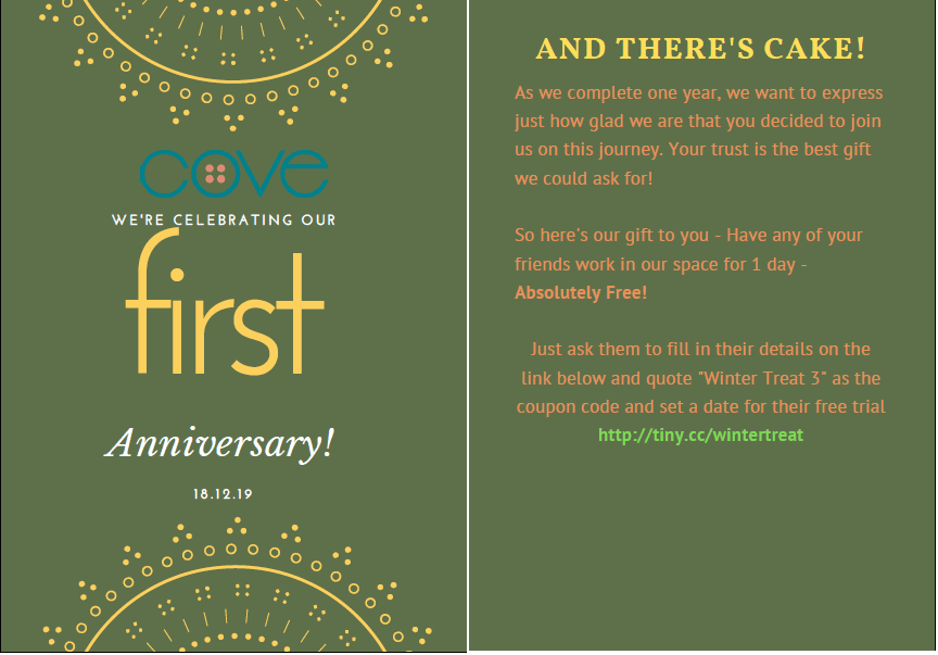 Cove's first-anniversary note to clients